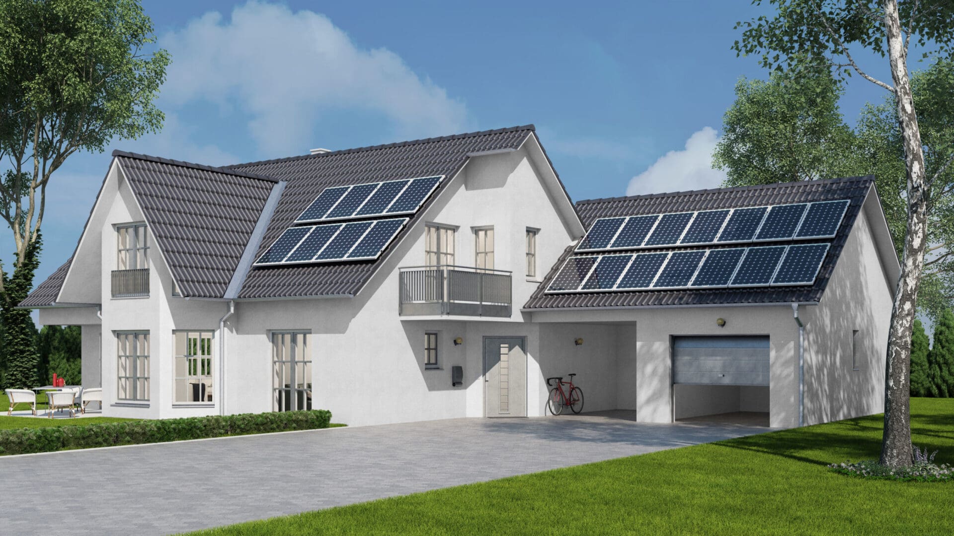 Solar energy system with photovoltaic solar cell panels on house (3D Rendering)