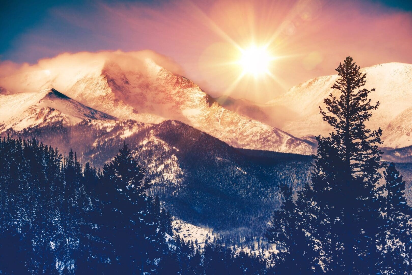 Colorado Mountains Vista in Abstract Color Grading. Rocky Mountain.